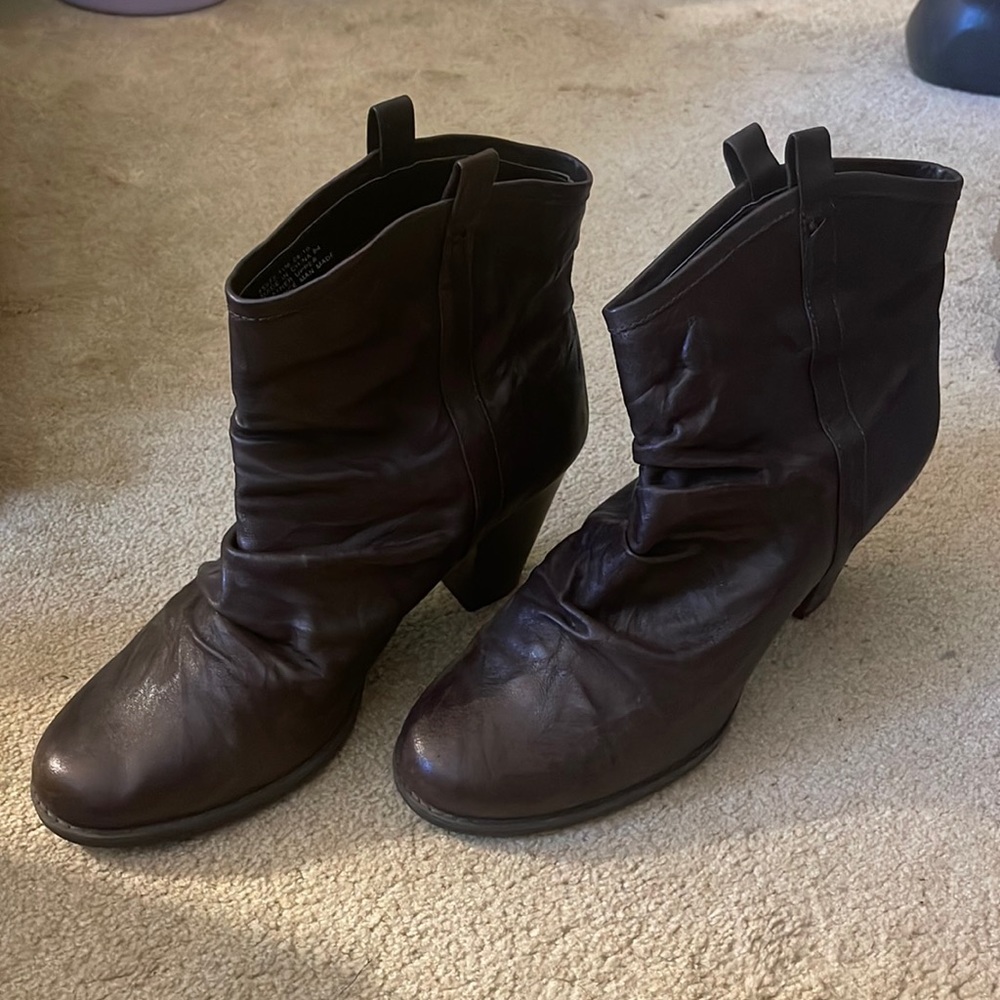 Dark brown booties with riding style heel. Ruched/slouchy style. Size 11.